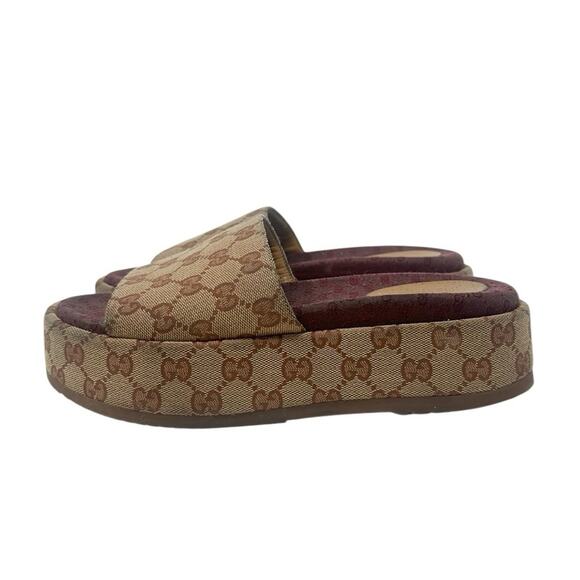 Gucci Angelina GG Canvas Monogram Print Platform Slides Brown Size 38.5 - Picture 4 of 9